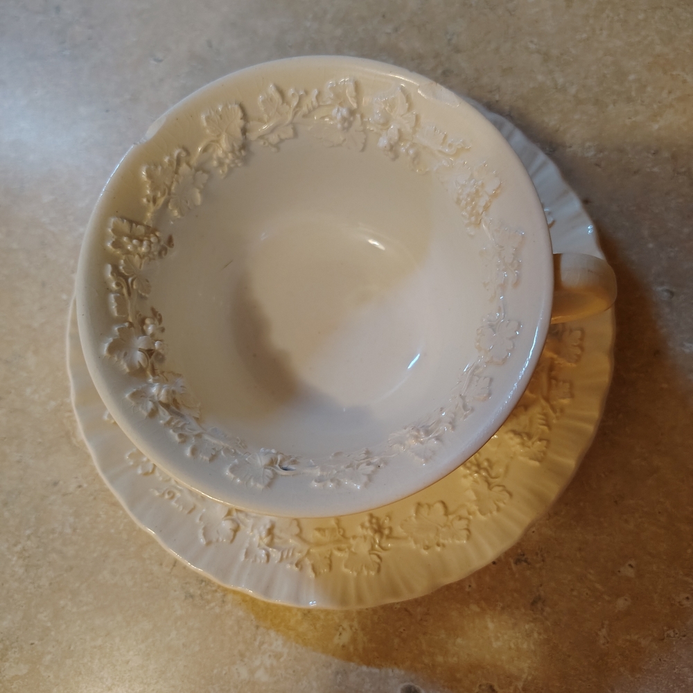 Wedgwood💮 Cream Floral Embossed Teacup and Saucer Set